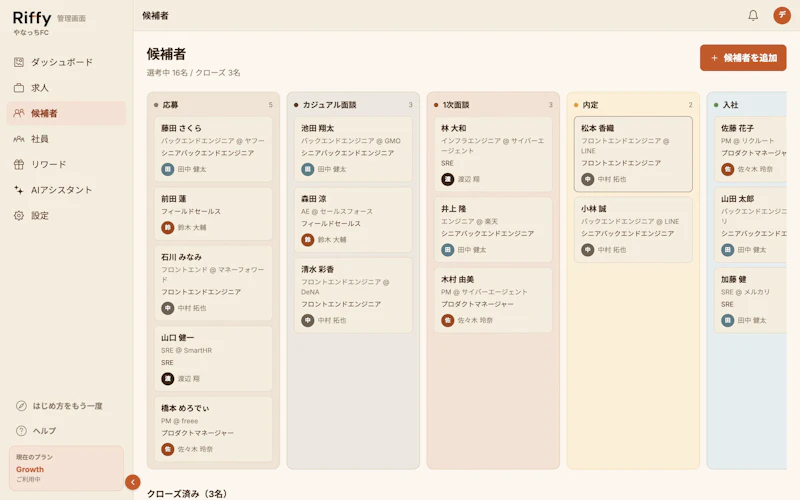 候補者の選考ボード。工程ごとに候補者カードが並んでいる