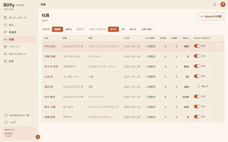 社員一覧の画面。取り込んだ社員の名前・部署・Riffyからの声かけの設定が並んでいる