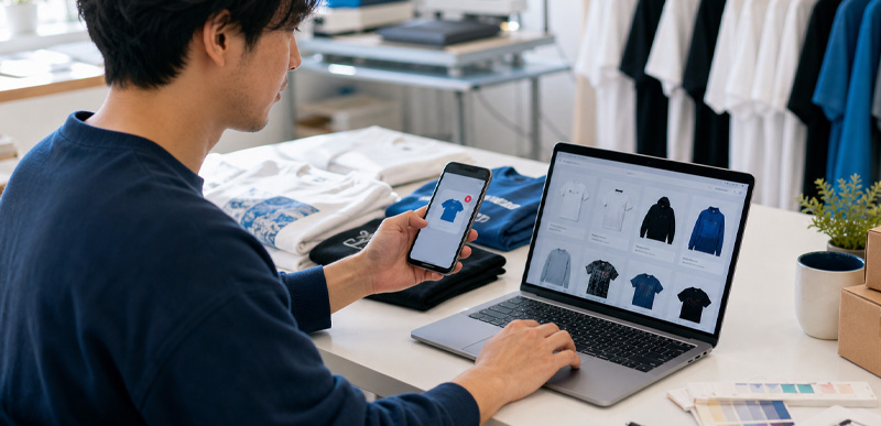スマートフォンとパソコンでBASEショップの商品を管理する様子