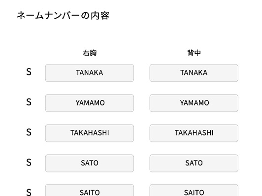 マイページで一人ずつのネームナンバーを入力する画面