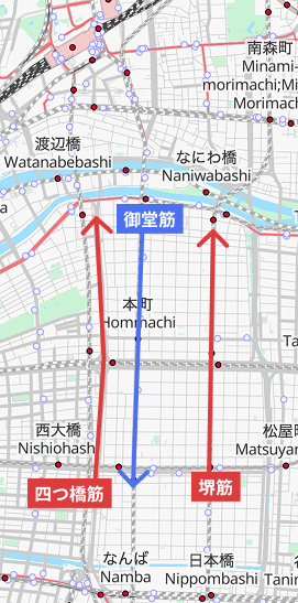 御堂筋が南向き一方通行。堺筋・四つ橋筋は北向き一方通行。