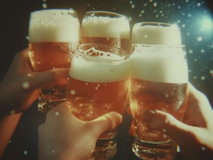 ビールをもって乾杯する人々