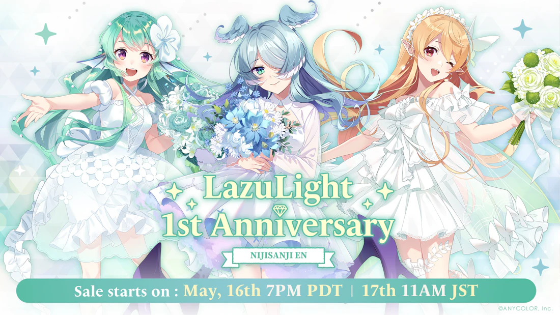 NIJISANJI EN “LazuLight 1st Anniversary Goods” will be on sale at Nijisanji Official Store from 19:00 May 16, 2022 PDT.
