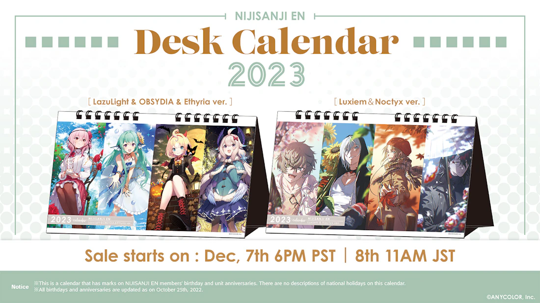 NIJISANJI EN announces NIJISANJI EN Desk Calendar 2023