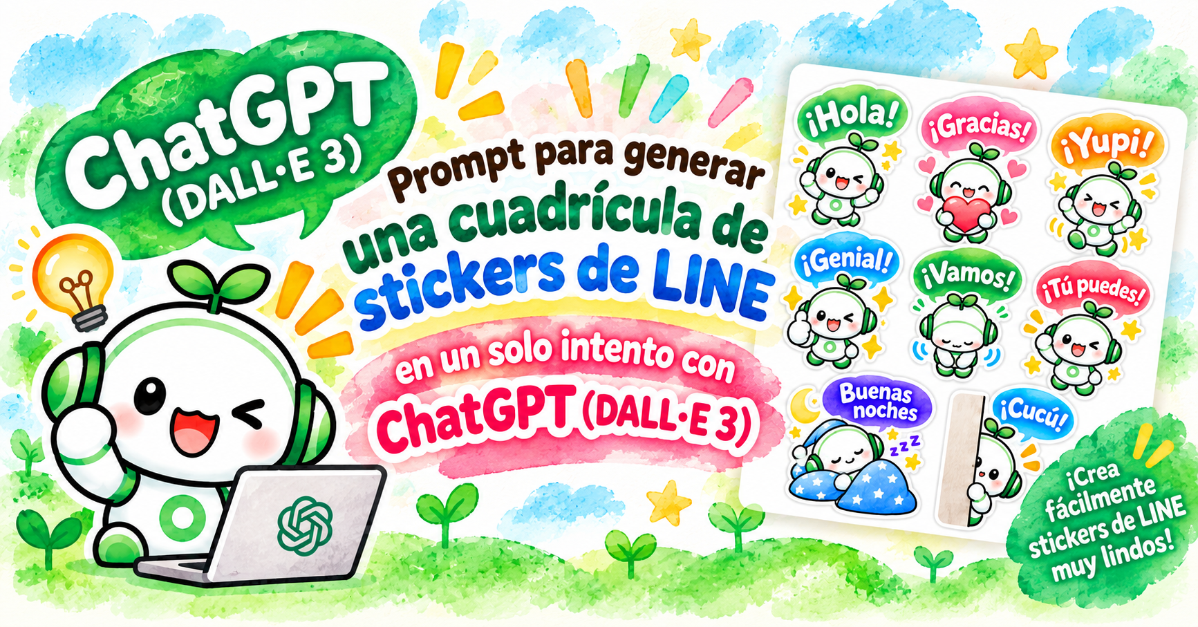 Prompt para generar una cuadrícula de stickers de LINE en un solo intento con ChatGPT (DALL-E 3)
