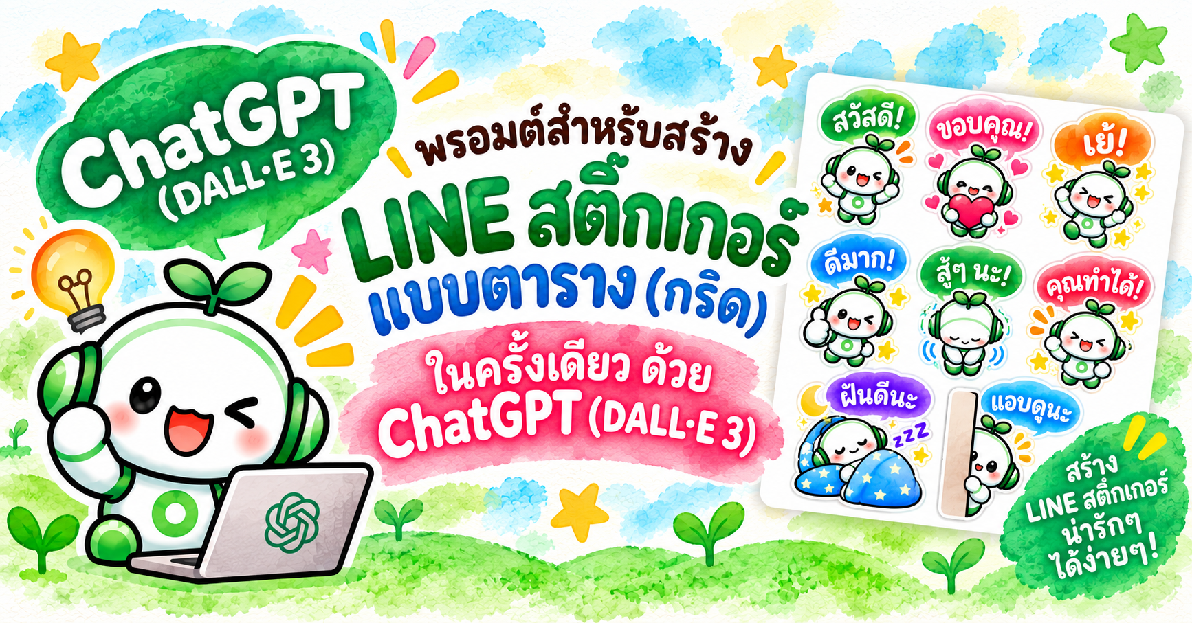 พรอมต์สำหรับสร้างภาพกริดสติกเกอร์ LINE ในครั้งเดียวด้วย ChatGPT (DALL-E 3)