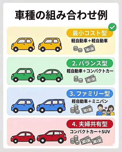 車の2台持ちにおける4つの組み合わせパターン（最小コスト型、バランス型、ファミリー型、夫婦共有型）を比較した画像。