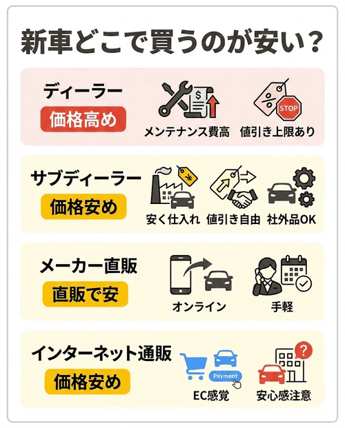 新車の購入先として「ディーラー」「サブディーラー」「メーカー直販」「インターネット通販」の4つを挙げ、それぞれの価格傾向や値引き交渉のしやすさ、オンライン購入の手軽さなどの特徴を比較して解説する画像。