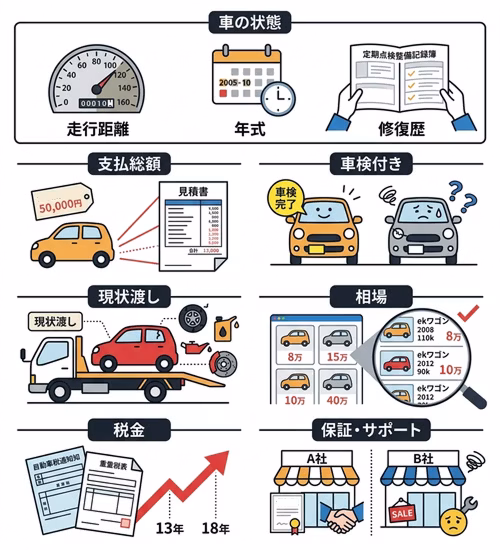 10万以下の軽自動車選びで失敗しないためにチェックしたいポイントを解説。走行距離・年式・修復歴といった車の状態、支払総額、車検付きかどうか、現状渡しのリスク、同等車種の相場、税金、保証・サポートについて確認することが大切。