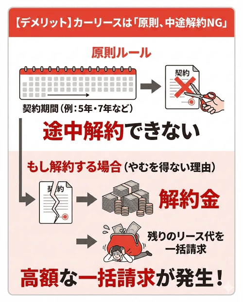 カーリースの月額料金は契約年数に基づいて算出されているため、原則として、中途解約ができないことを解説する画像。やむを得ない理由で中途解約する場合も、 解約金として残りのリース代を一括で請求されるケースがほとんどである。