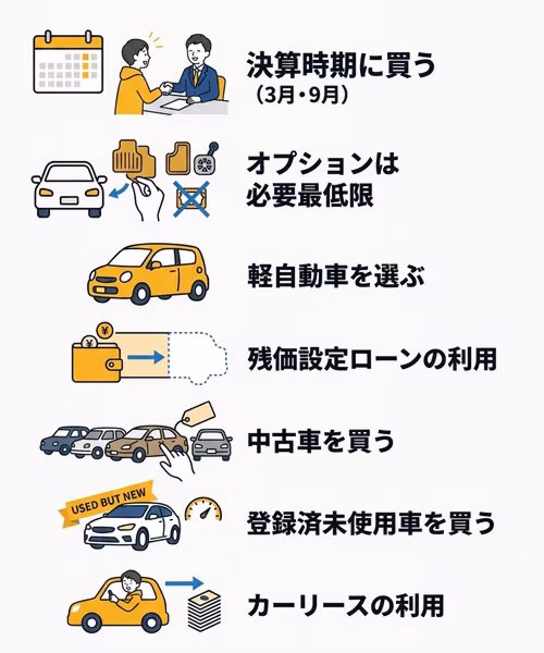 高すぎて買えないと感じる車をお得に手に入れる方法について解説。決算時期に買う、オプションは必要最低限にする、軽自動車を選ぶ、残価設定ローンを利用するといった新車購入の際の工夫を紹介。中古車や登録済未使用車を買う選択肢、買う以外の方法としてカーリースで新車を利用する方法もまとめている。