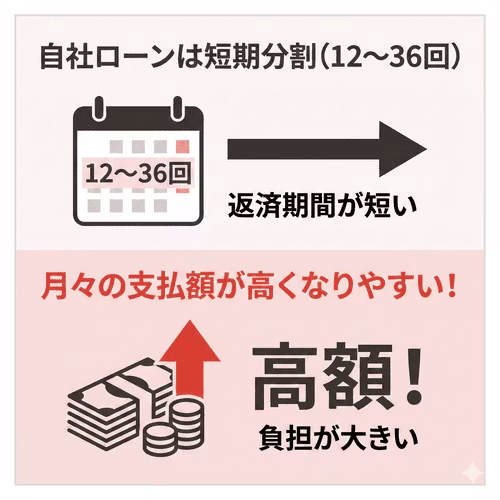 自社ローンは12～36回の短期分割で返済期間が短く、月々の支払額が高くなりやすく負担が大きい。