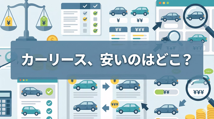 カーリース各社の最安月額料金の比較に基づいた、最新の安いカーリースランキングや、格安で利用できるおすすめの車種について解説する記事のタイトル画像。カーリースが安い理由やその仕組みも解説。また、安さだけで選んで後悔してしまうケースも多いため、カーリースの落とし穴を避けるためのポイントも紹介している。