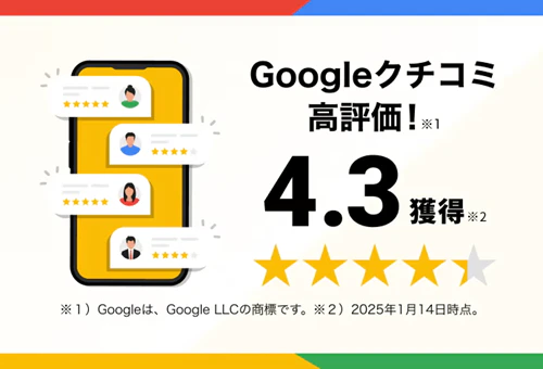 定額カルモくんのサービスが、2025年1月14日時点のGoogleの口コミ評価で4.3を獲得していることを表す図