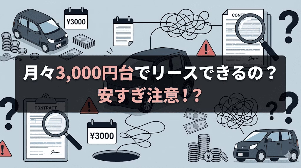 なぜ月々3,000円台で軽自動車リースが利用できるのかについて、安い理由やデメリット、ほかのリース会社との違いを解説する記事のタイトル画像。月々3,000円台でリースを利用した経験のある方の声も紹介し、自分に合ったサービスの選び方のポイントも解説している。