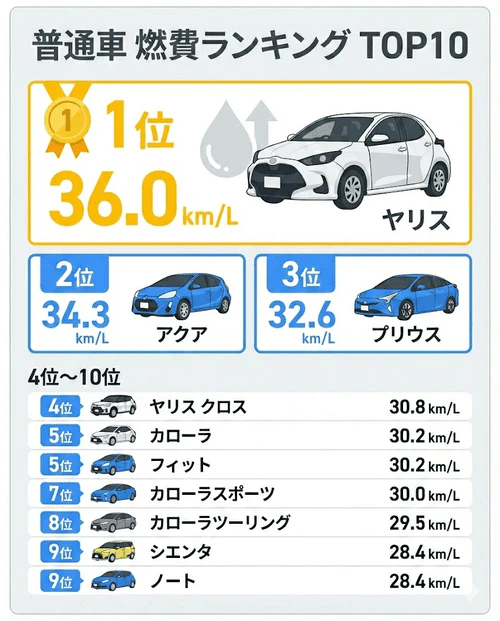 普通車の車種別燃費(WLTCモード)ランキングトップ10の表。1位はトヨタ「ヤリス」で36.0km/L。トップ4をトヨタ車が独占しており、同率5位にホンダ「フィット」、同率9位に日産「ノート」がランクインしている。