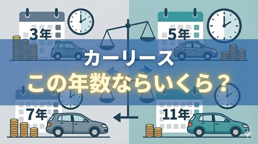 カーリースでは、3年や11年といった契約期間の違いによって、月額料金がどのくらい異なるのか、また、どのように自分に合った期間を選択すればいいかについて解説した記事のタイトル画像