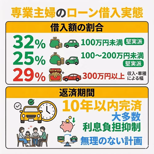 専業主婦のローン借入実態。借入額の割合は100万円未満が32％、100～200万円未満が25％と堅実派で、300万円以上は29％と収入・車種による幅がある。返済期間は10年以内完済が大多数で、利息負担を抑えた無理のない計画が選ばれている。