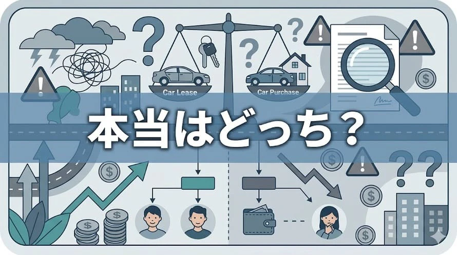 「カーリースはやめとけ」といわれる理由や、後悔しないカーリースの選び方、カーリースのメリットなどについて、実際の利用者の声を交えながら解説する記事であることを示すタイトル下画像