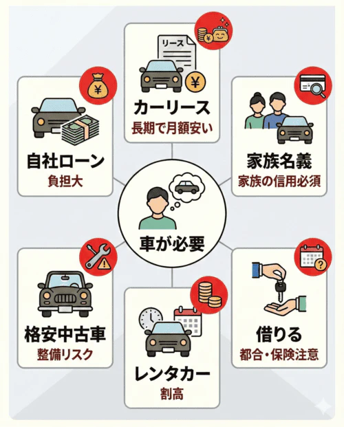 任意整理中などでどうしても車が必要な場合の6つの対処法とその特徴について解説する画像。自社ローンは月々の支払いや総額での負担が大きくなる可能性がある。カーリースは長期の契約を前提として、月額料金を安く抑えられる。家族名義で車を用意する場合は、名義人となる家族の信用情報が必須となる。格安中古車は購入費用を抑えられる半面、整備不良などのリスクが伴う。レンタカーは必要なときだけ利用できるが、利用頻度によっては割高になる。家族や知人などから車を借りる場合は、相手の都合に合わせる必要があり、保険の加入状況にも注意が必要である。