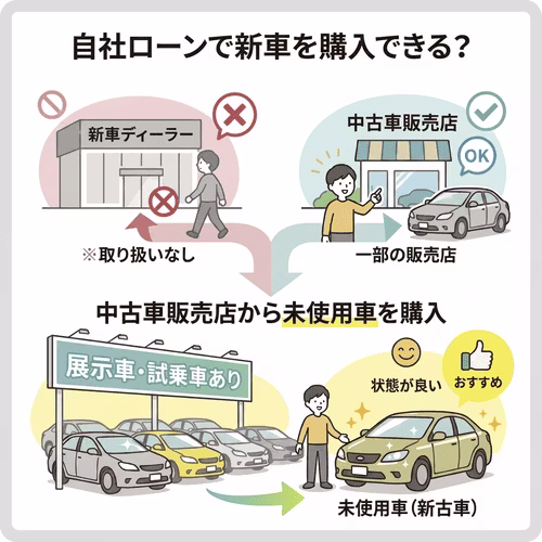 新車ディーラーは自社ローン非対応/一部中古車販売店で新車や未使用車を購入可能