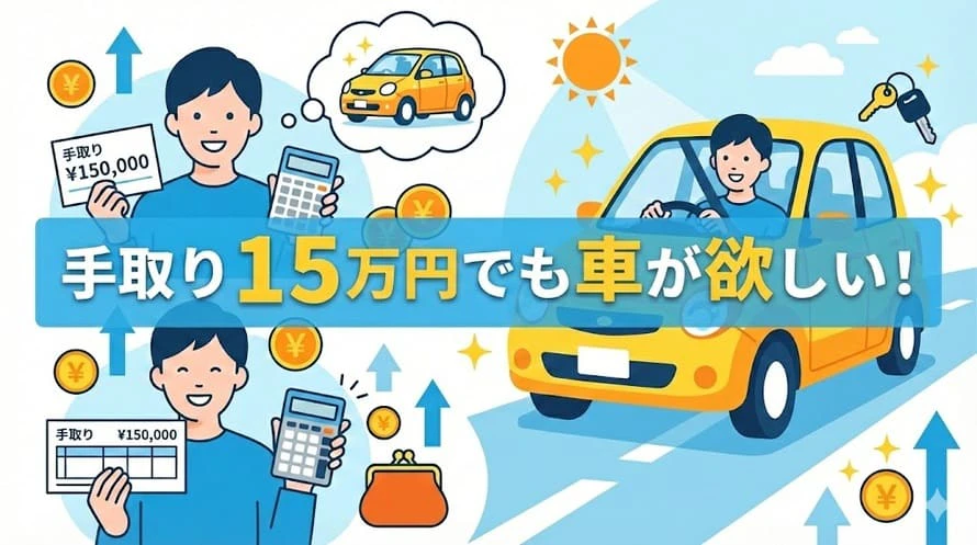 手取り15万円で車を持つための家計シミュレーションをし、車をよりお得に持つ方法やおすすめの車種について解説している記事のアイキャッチ画像