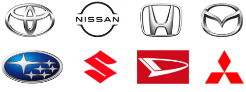 トヨタ、日産、ホンダ、マツダ、スバル、スズキ、ダイハツ、三菱のエンブレムが並んだ画像。すべての国産メーカーを利用できることを表している
