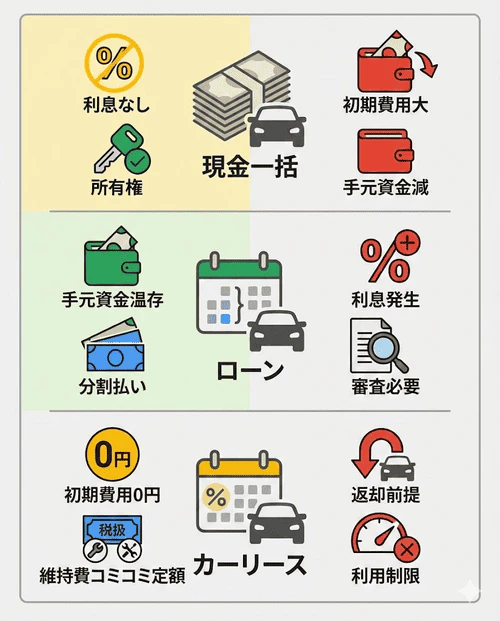 現金一括購入、ローン購入、カーリースの3つのメリット・デメリット、違いを解説する画像。リースと購入どちらが得かをイラストで比較している。現金一括で買う場合、利息を支払う必要がなく、車の所有権を持てる一方、初期費用の負担が大きく、手元の資金が減ってしまうのがデメリット。ローンで買う場合、分割払いができるので手元に資金を残しておける一方、審査を受けたり利息を払ったりする必要がある。カーリースは初期費用0円、維持費もコミコミの定額でお得に利用できる一方、車の返却が前提とされ、車の使い方に制約があるのがデメリット。リースと購入どっちがお得かは、何に重点を置くかによって異なる。