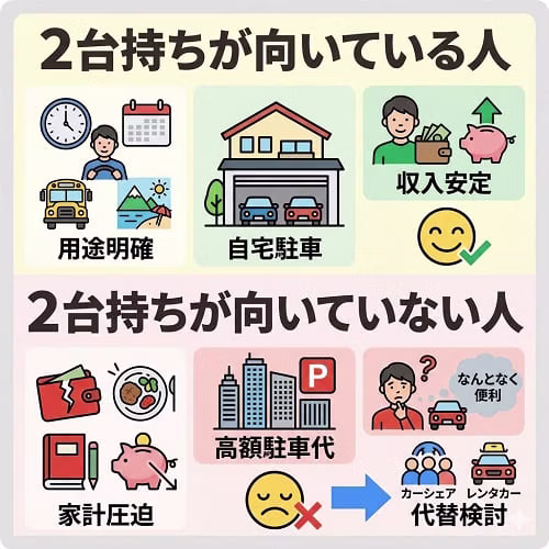 車の「2台持ち」が向いている人と向いていない人の特徴を比較した図解。用途の明確さ、家計への影響、駐車スペースの有無といった判断基準を整理し、コストに見合う利便性が得られるか、あるいはカーシェアなどの代替手段を検討すべきかを提示している。