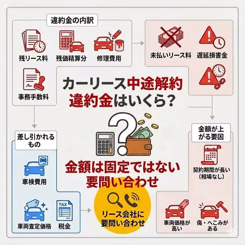 カーリース中途解約の違約金はいくら？違約金の内訳は残りのリース料・残価精算分・修理費用・事務手数料で、未払いリース料や遅延損害金が加わることもある。車検費用や車両査定価格、税金は差し引かれる。契約期間が長い、車両価格が高い、傷やへこみがあると金額が上がる。金額は固定ではなくカーリース会社への問い合わせが必要。