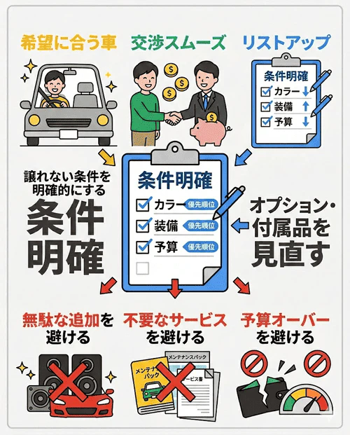 車を安く買うコツとして、カラーや装備、予算などの優先事項をあらかじめ明確にし、無駄なオプションや不要なサービスを省いて交渉をスムーズに進めることの重要性を解説する画像。