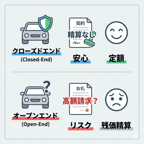 契約満了時に残価精算のリスクがある「オープンエンド方式」と、精算不要で安心な「クローズドエンド方式」の違いを解説する画像。