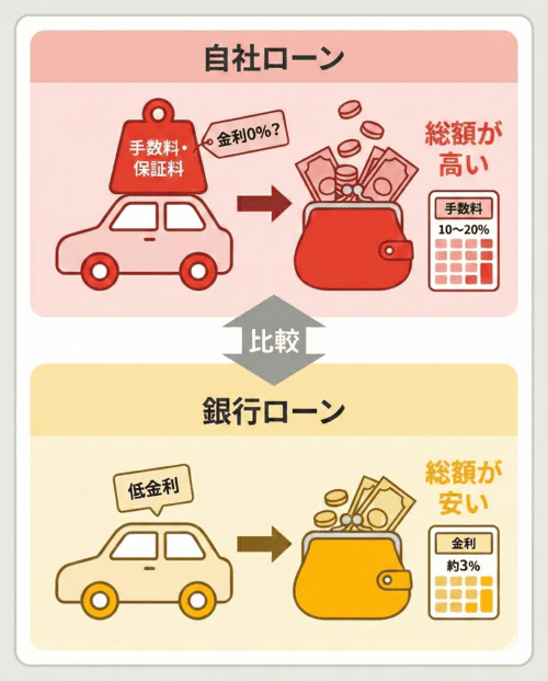 自社ローンと銀行ローンの支払総額やコストの仕組みを比較して解説する画像。自社ローンは金利0%という表現がされていても、実際には手数料・保証料という負担が車両本体価格に上乗せされるため、結果として支払総額が高くなることを示している。具体的な手数料は10〜20%となるケースもある。対比して、銀行ローンは低金利であり、金利は約3%で済むため、支払総額が抑えられることを示している。