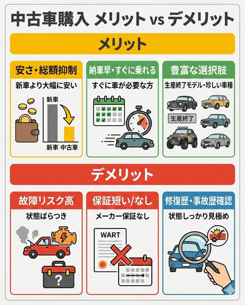 中古車購入のメリット・デメリットについて、車両価格の安さや納車の早さ、豊富な選択肢といったメリットと、車の状態による故障リスクの高さや保証の短さといったデメリットを比較して解説する画像。