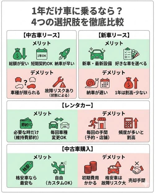 1年だけ車に乗るなら中古車リースがお得？方法別のメリット・デメリット
