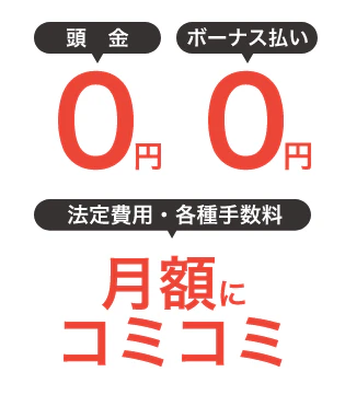 頭金0円、ボーナス払い0円で利用できる上、法定費用や各種手数料が月額料金にコミコミになっていることが多いという個人向けカーリースの特徴を表した図