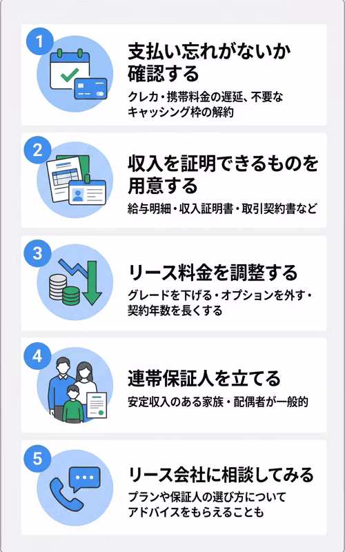 カーリースの審査に通りやすくするための対策を解説。支払い忘れの確認をする、収入を証明できるものを用意する、リース料金を調整する、連帯保証人を立てる、リース会社に相談するといった事前にできる対策を紹介している。