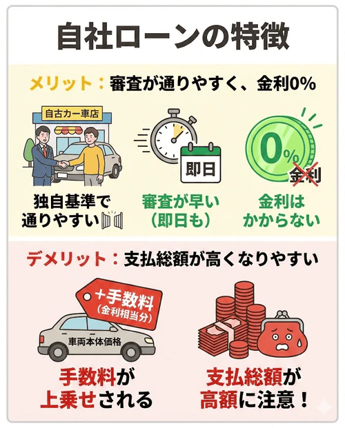 自社ローンの特徴について、販売店独自の基準によりカーローンの中で最も審査に通りやすく金利も0％である一方、手数料が上乗せされて結果的に支払総額が高額になりやすい点に注意が必要なことを解説する画像。