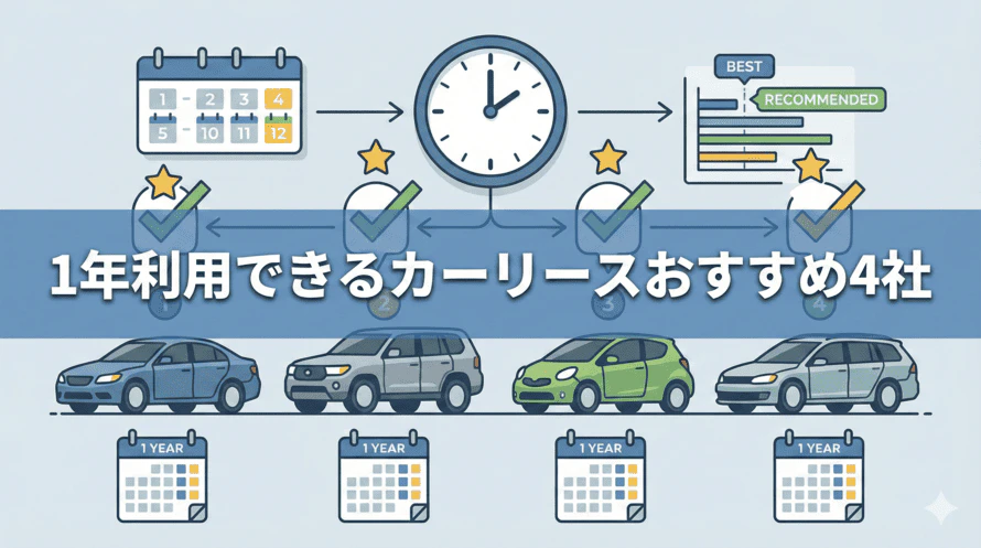1年だけ車に乗る手段として、カーリース、中古車の購入、カーシェア、レンタカーで料金や特徴を比較して解説する記事であることを示すタイトル下画像