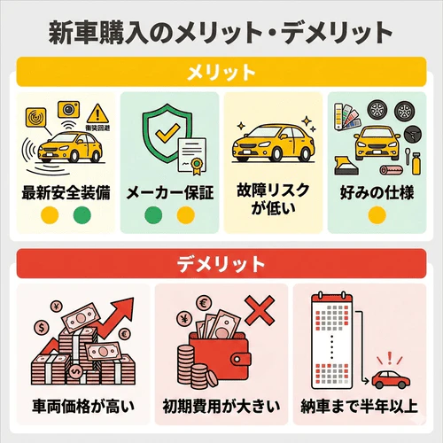 新車購入のメリット・デメリットについて、最新の装備や手厚い保証、自由なカスタマイズができるメリットと、高額な初期費用や納車までに時間がかかるデメリットを比較して解説する画像。