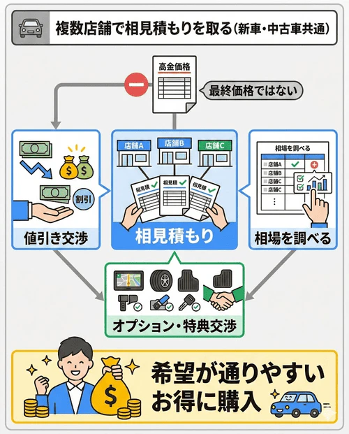 車を安く買うコツとして、複数店舗で相見積もりを取って値引きの相場を把握し、車両価格の値下げやオプションなどの特典交渉を有利に進める方法を解説する画像。
