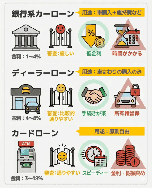 車の購入に使えるローンとして、銀行系カーローン、ディーラーローン、カードローンの3つの特徴を比較解説した画像。それぞれのローンについて、審査の難易度、メリット、デメリットをイラストとテキストで説明している。銀行系カーローンは審査が厳しく手続きに時間がかかりがちだが低金利で利用しやすい。ディーラーローンは審査が比較的通りやすく手続きが楽だが、完済まで車の所有権が留保される。カードローンは審査が通りやすくスピーディーだが、金利や総額が高めになる