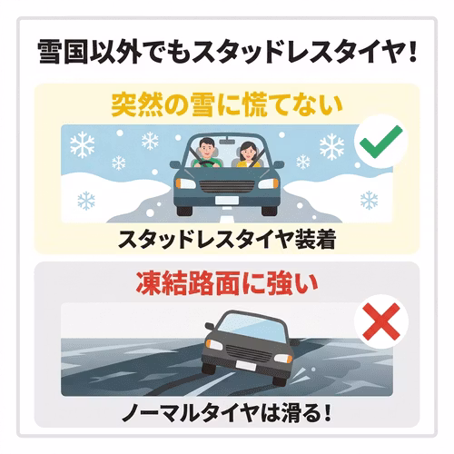 雪国以外でもスタッドレスタイヤは必要。スタッドレスタイヤを装着すれば突然の雪にも慌てず、凍結路面にも強い。ノーマルタイヤは凍結路面で滑る。