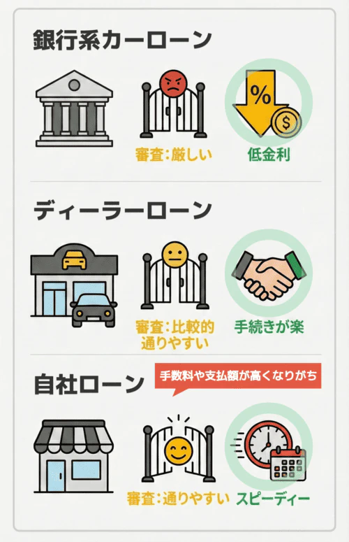 車のローンの種類である銀行系カーローン、ディーラーローン、自社ローンの特徴を比較解説した画像。それぞれのローンについて、審査の難易度とメリットをイラストとテキストで説明している。銀行系カーローンは審査が厳しめだが低金利で利用しやすい。ディーラーローンは審査が比較的通りやすく手続きが楽。自社ローンは審査が通りやすくスピーディーだが、手数料や総額が高めになることを示している。