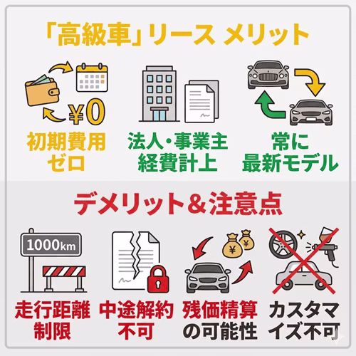 カーリースで高級車に乗るメリットとデメリットを比較・整理した図解。メリットとして、まとまった頭金が不要な「初期費用の負担軽減」、税金や車検代が月額に含まれる「支出の定額化」、一般ナンバーのまま「常に最新モデルへ乗り換えられる柔軟性」、法人や個人事業主向けの「経費計上によるメリット」を紹介。一方でデメリットとして、設定された「走行距離制限」、原則不可とされる「中途解約時のリスク」、契約方式による「契約満了時の残価精算リスク」、返却を前提とした「カスタマイズ(改造)の制限」について解説している。