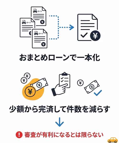 他社借入を整理する方法について解説。借入先が複数ある場合は、おまとめローンで借入先を一本化し、返済管理をしやすくする方法がある。返済に余裕がある場合は、少額の借入れから順に完済して借入件数を減らす方法も有効。ただし借入れを整理したからといって、車のローン審査が有利になるとは限らない。