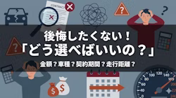 カーリースでよくある失敗について、実際の失敗談を基に対策と合わせて解説する記事のタイトル画像。残価精算、中途解約、走行距離制限超過など、10の失敗パターンを紹介するとともに、失敗談からわかるカーリース会社選びのポイントやカーリースが向いているケース、向いていないケースについても解説している。