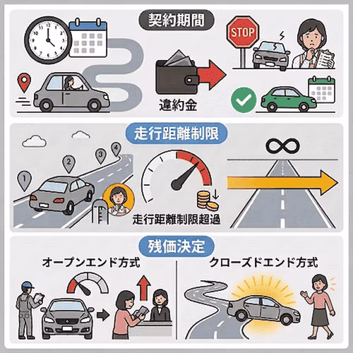カーリースの注意点。契約期間中の解約は違約金が発生する、走行距離制限を超過すると超過料金がかかる、残価決定はオープンエンド方式とクローズドエンド方式で異なる。