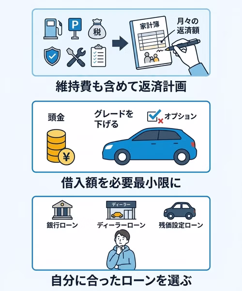 他社借入がある中で車のローンを組むためのポイントについて解説。維持費も含めて返済計画を立てること、借入額を必要最小限に抑えること、自分に合ったローンを選ぶことが大切であると説明している。