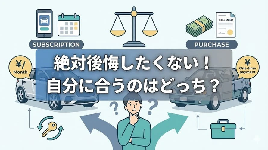 車のサブスクと購入について、特徴やかかる費用、実際に選んだ方の体験談などをもとに比較した記事のタイトル画像